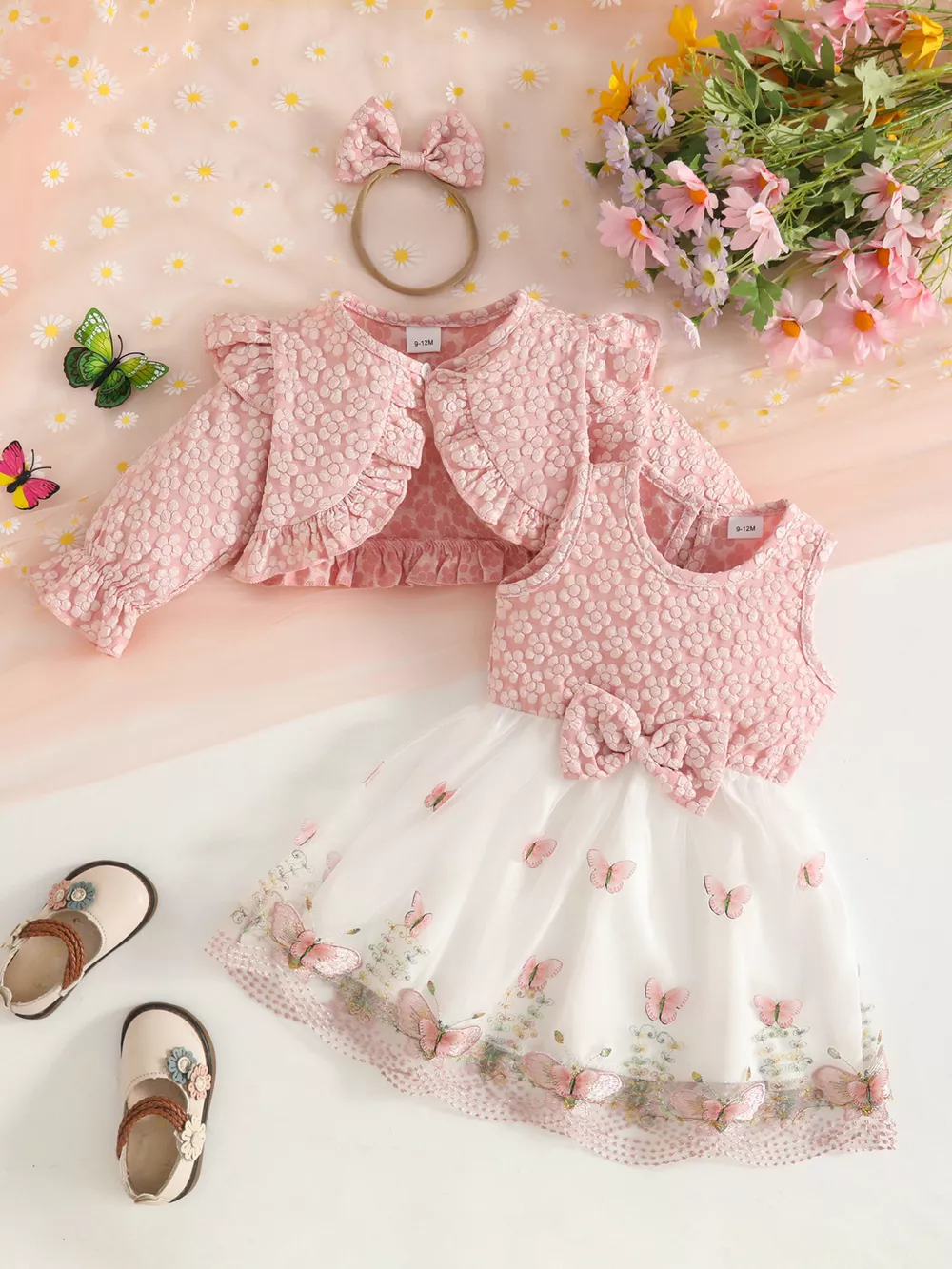 Children's Floral and Butterfly Dress and Cardigan Set with Headband, image 6