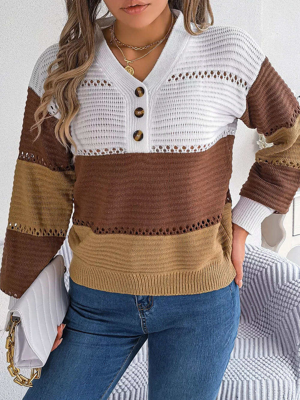 Color Block Striped V-Neck Button Detail Sweater, image 6