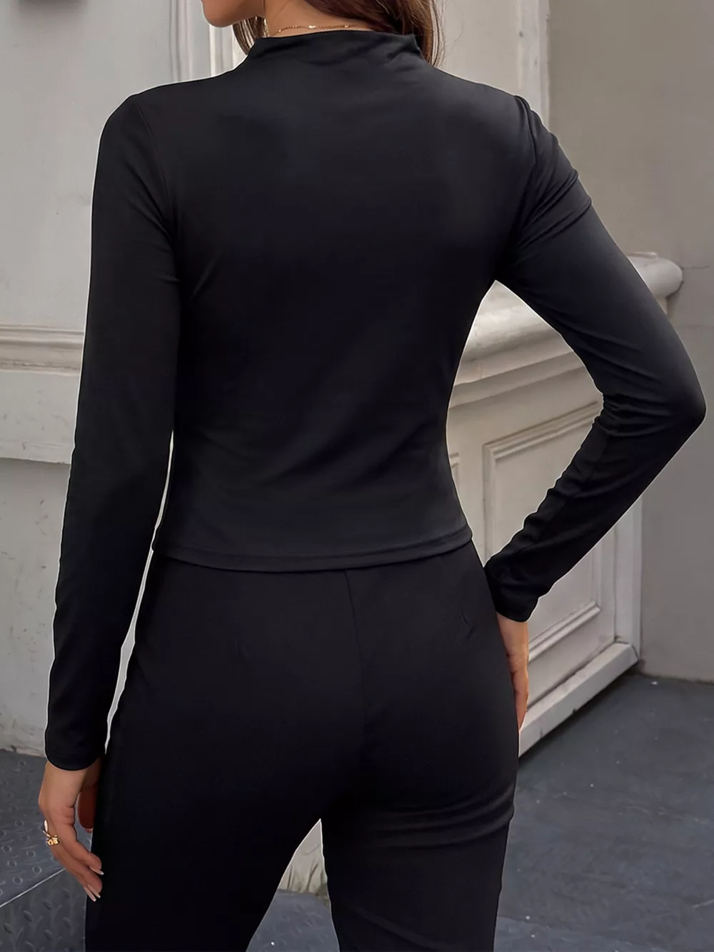 Slim Fit Long Sleeve Ruched Mock Neck T-Shirt, image 5