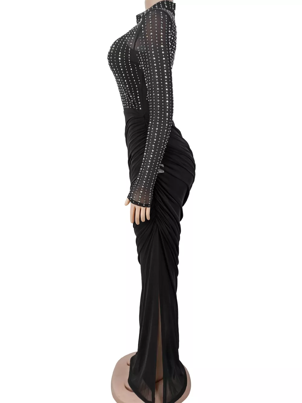Rhinestone Mock Neck Ruched Maxi Dress, image 4