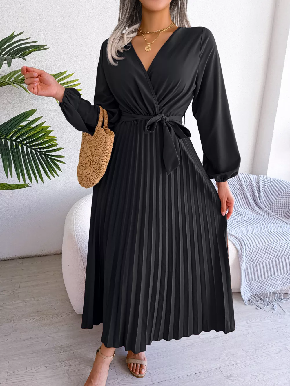 Elegant Pleated Front Tie Long Sleeve Dress, image 18