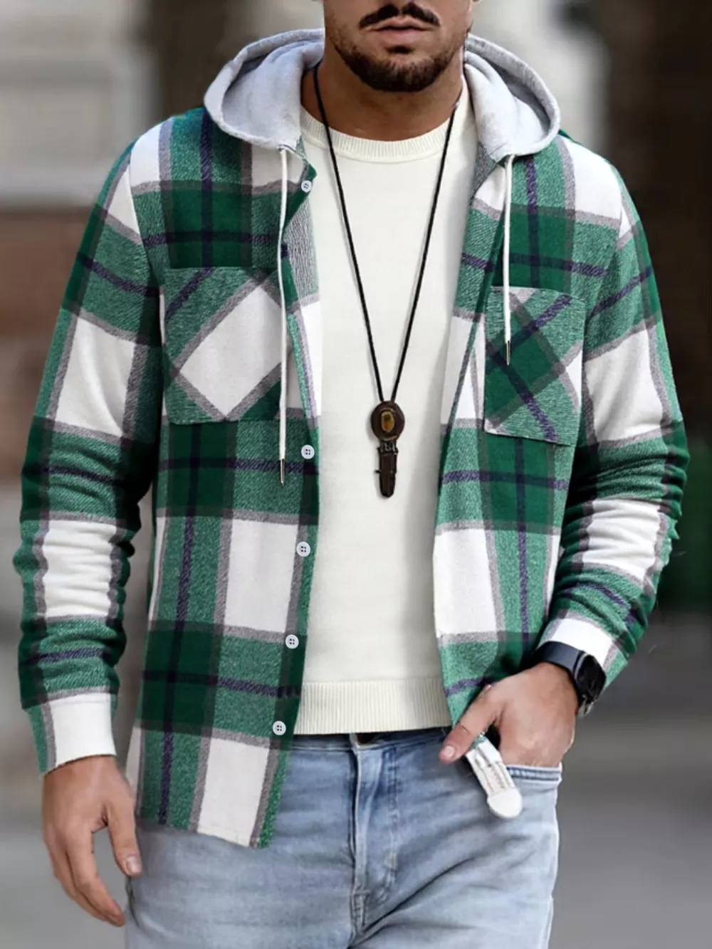 Men's Full Size Casual Plaid Hooded Shacket with Dual Chest Pockets Plus Size, image 3