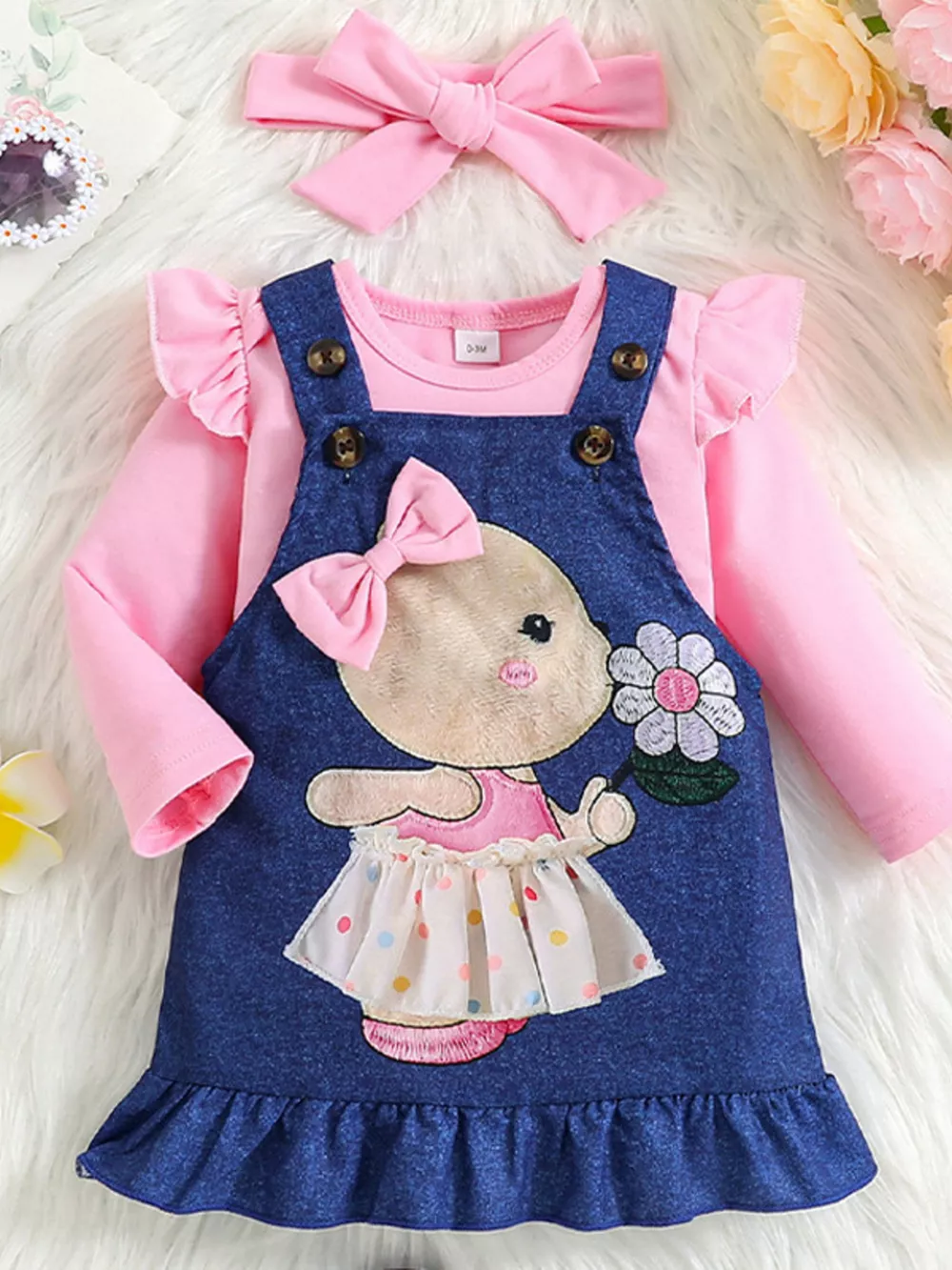 Children's Ruffled Bodysuit and Overall Dress Set with Headband