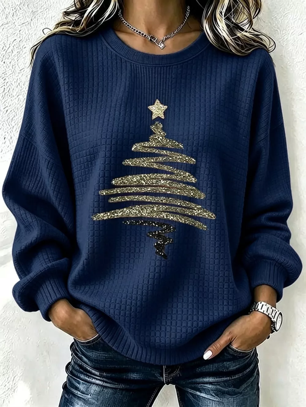Full Size  Festive Christmas Tree Graphic Ribbed Sweatshirt Plus Size, image 3