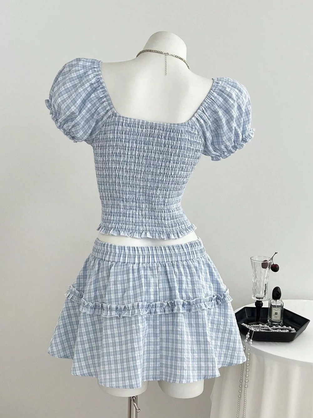 Plaid Puff Sleeve Blouse and Skirt Set, image 4