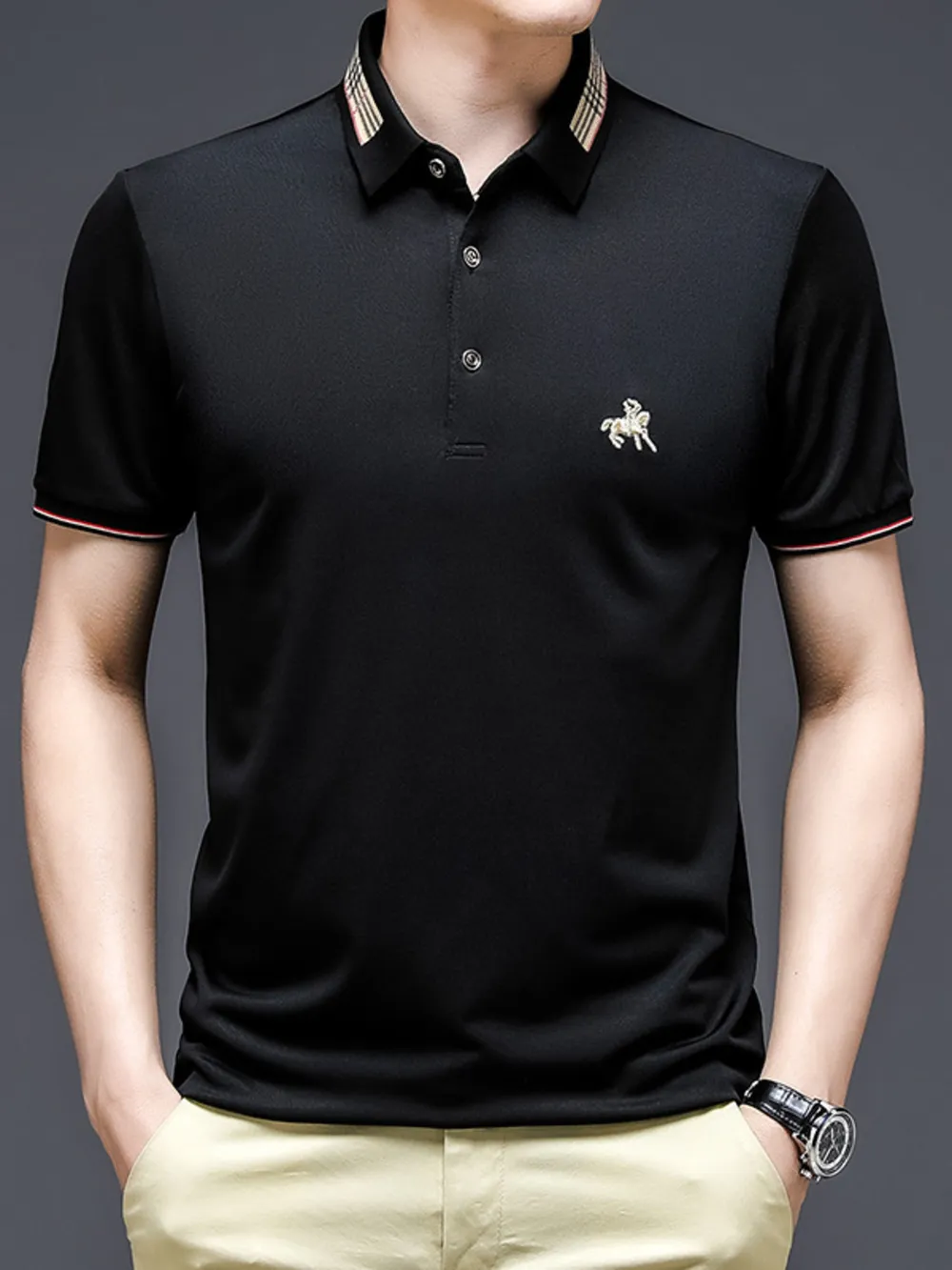Men's Plus Size Contrast Collar Embroidered Detail Polo