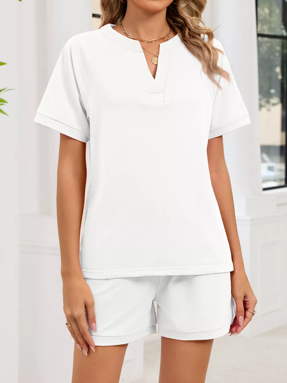 Notched Short Sleeve Top and Shorts Set, image 20