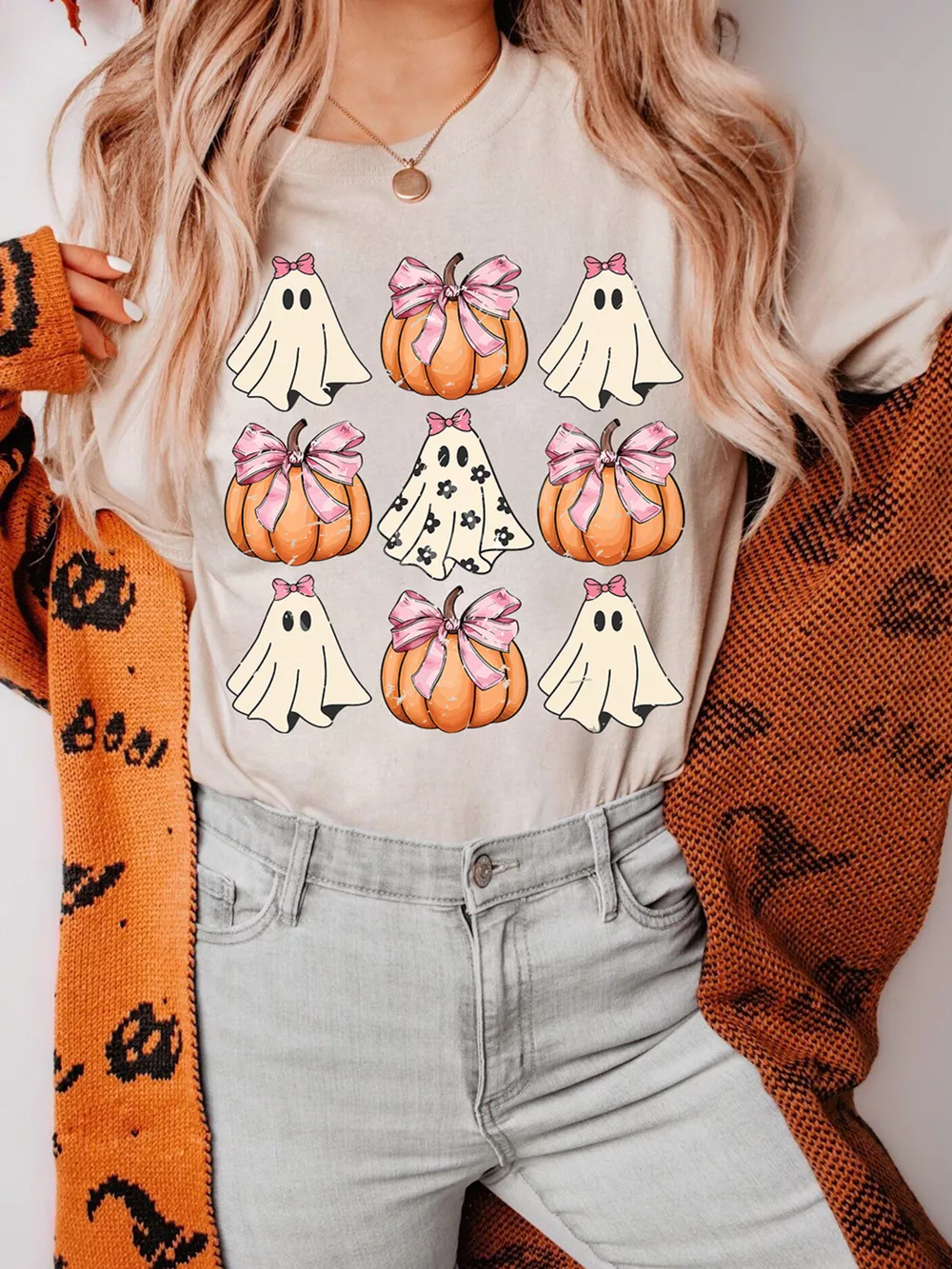 Halloween Bowknot Ghost Pumpkin Graphic T Shirt, image 3