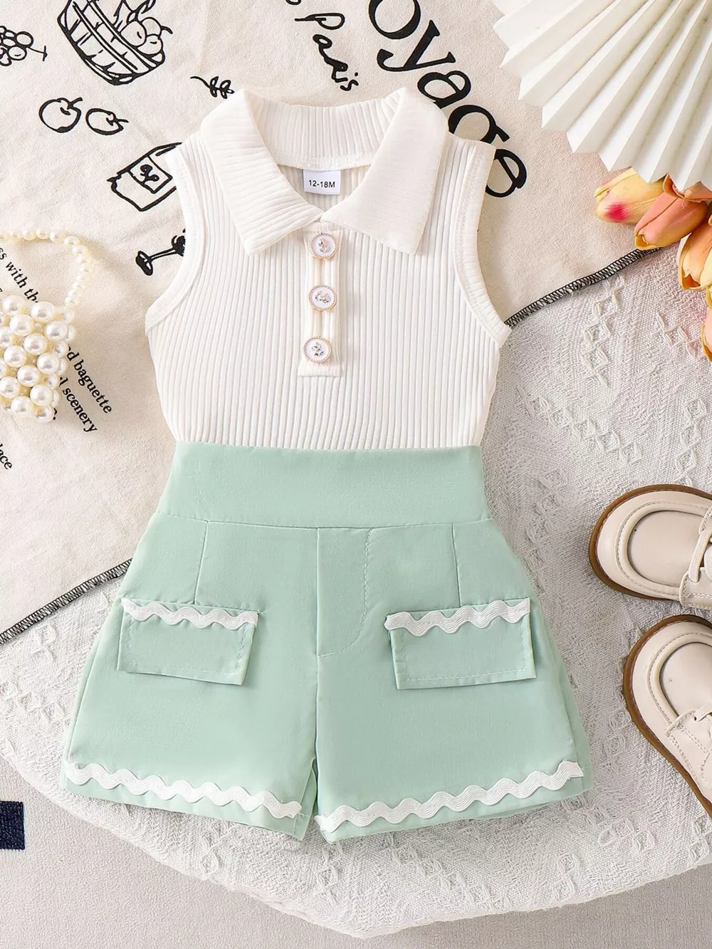 Children's Ribbed Knit Polo Top and Scalloped Pocket Shorts Set, image 9