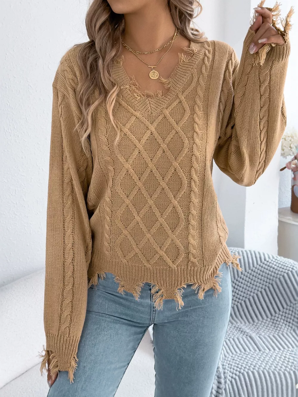 V-Neck Distressed Hem Cable Knit Sweater, image 10