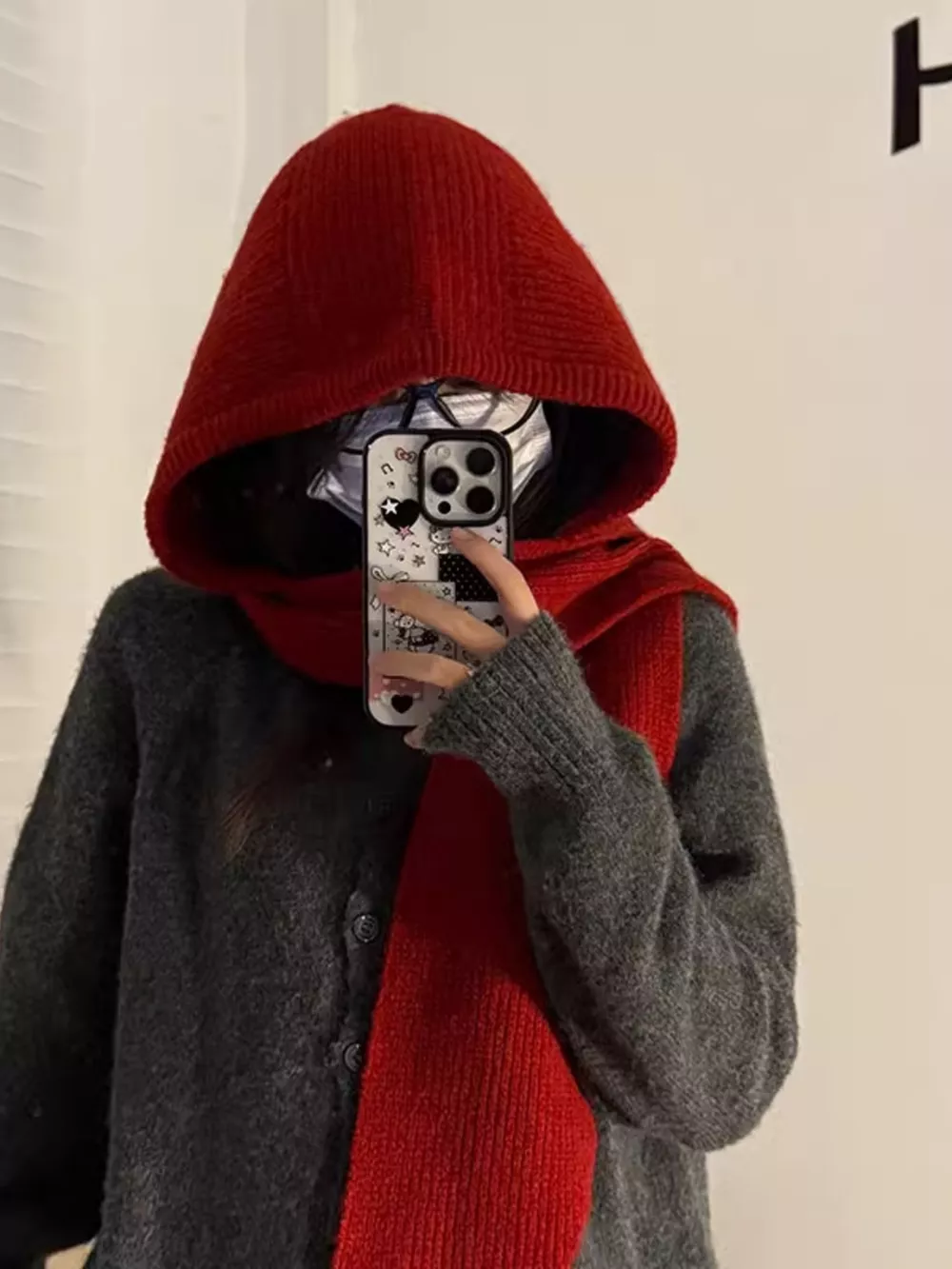 Knitted Hat with Attached Scarf, image 3