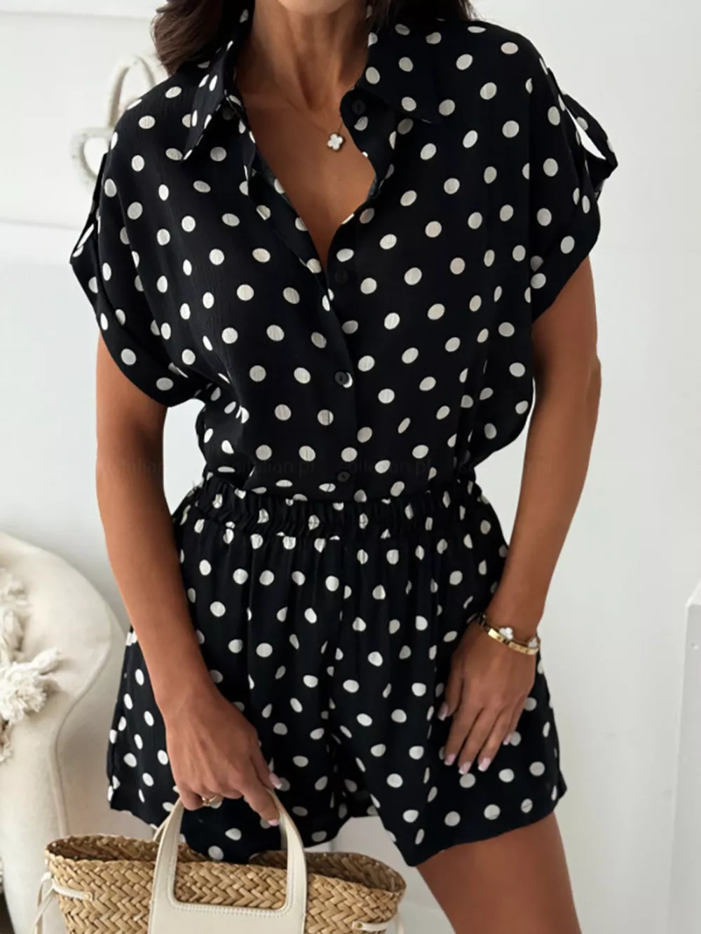 Polka Dot Button Up Shirt and Shorts Set, image 2