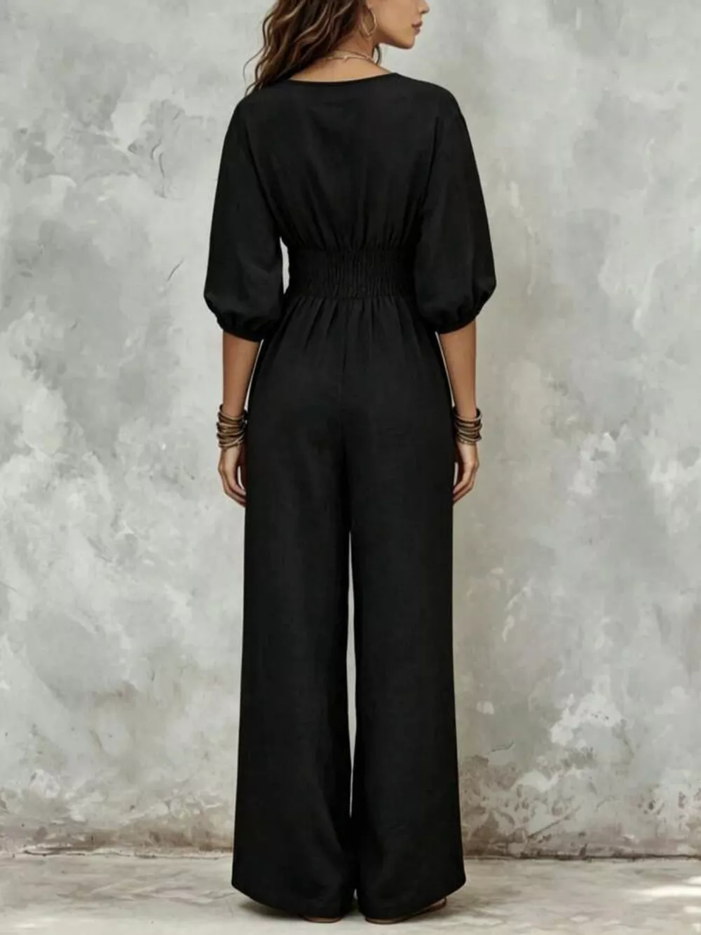 V-Neck Smocked Waist Wide-Leg Jumpsuit, image 12