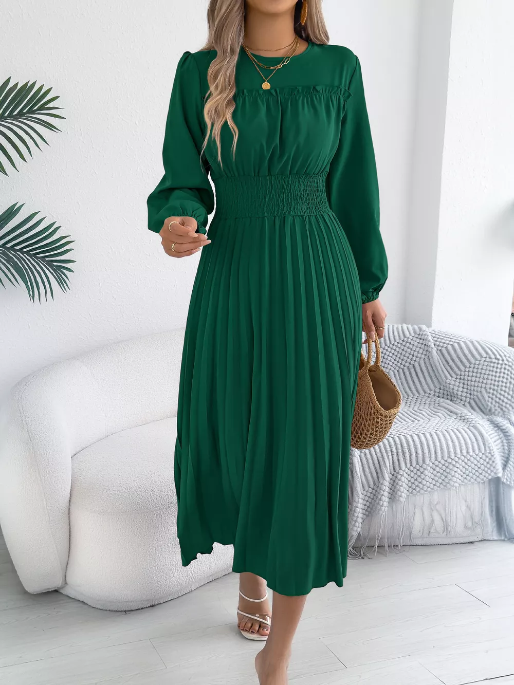 Smocked Pleated Long Sleeve Midi Dress, image 5