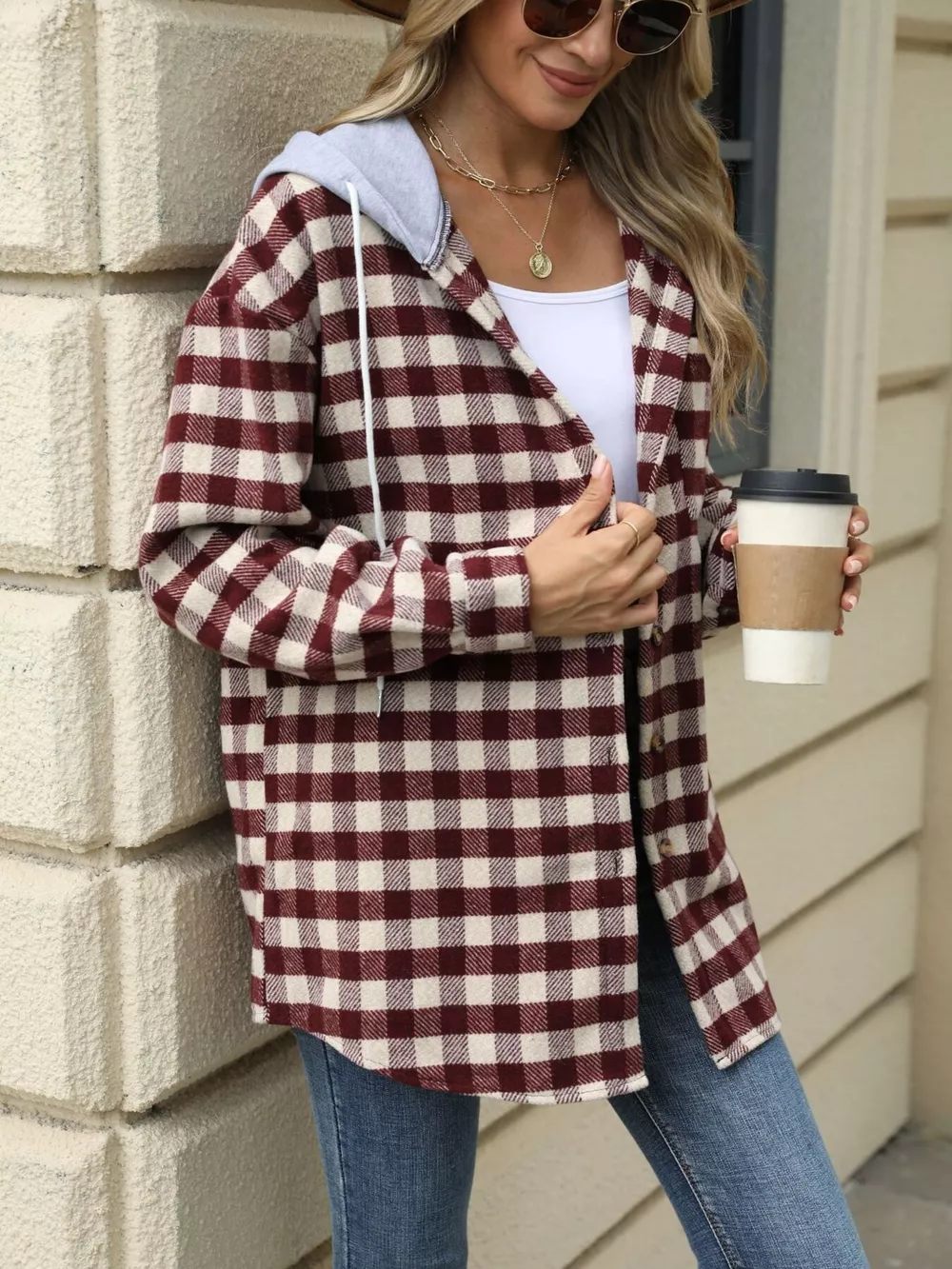 Plaid Button Up Long Sleeve Drawstring Hooded Jacket, image 24