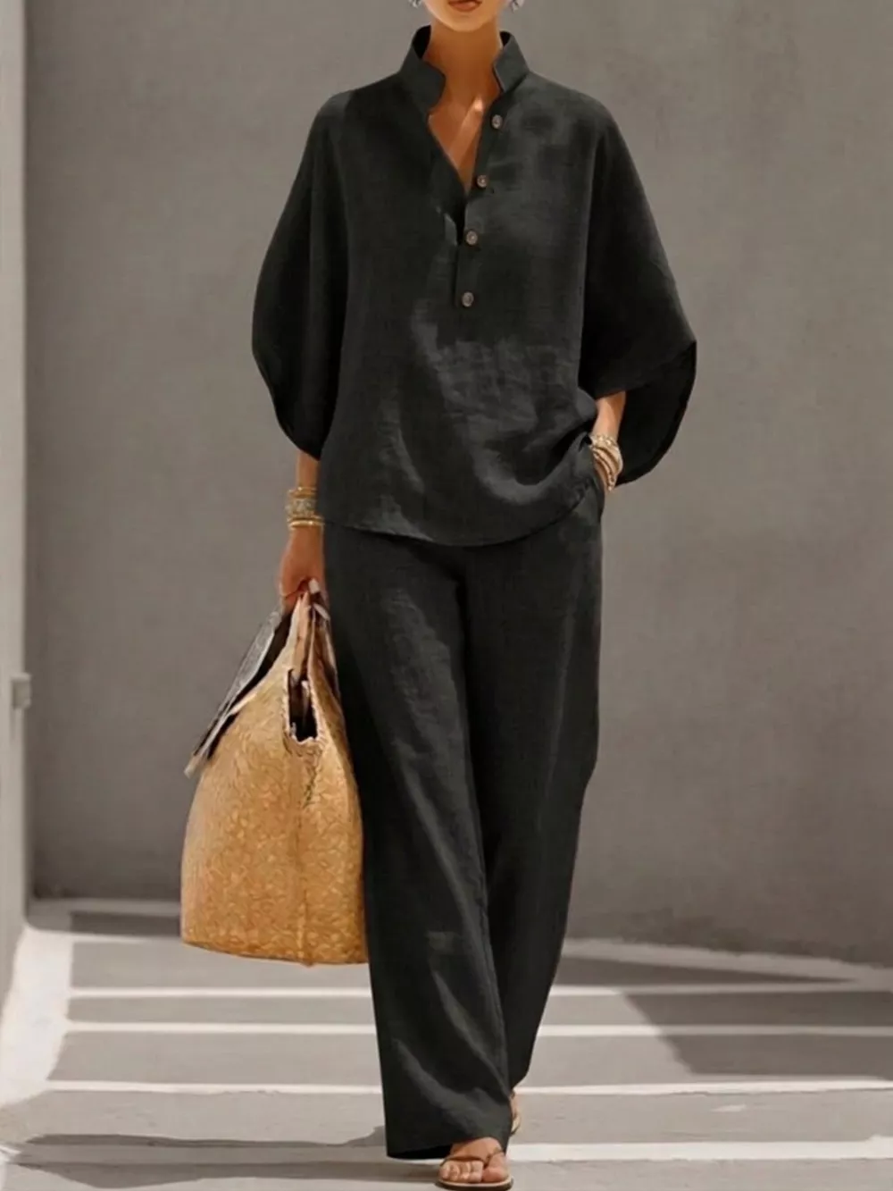 Full Size Button Detail 3/4 Sleeve Top and Pants Set Plus Size, image 13