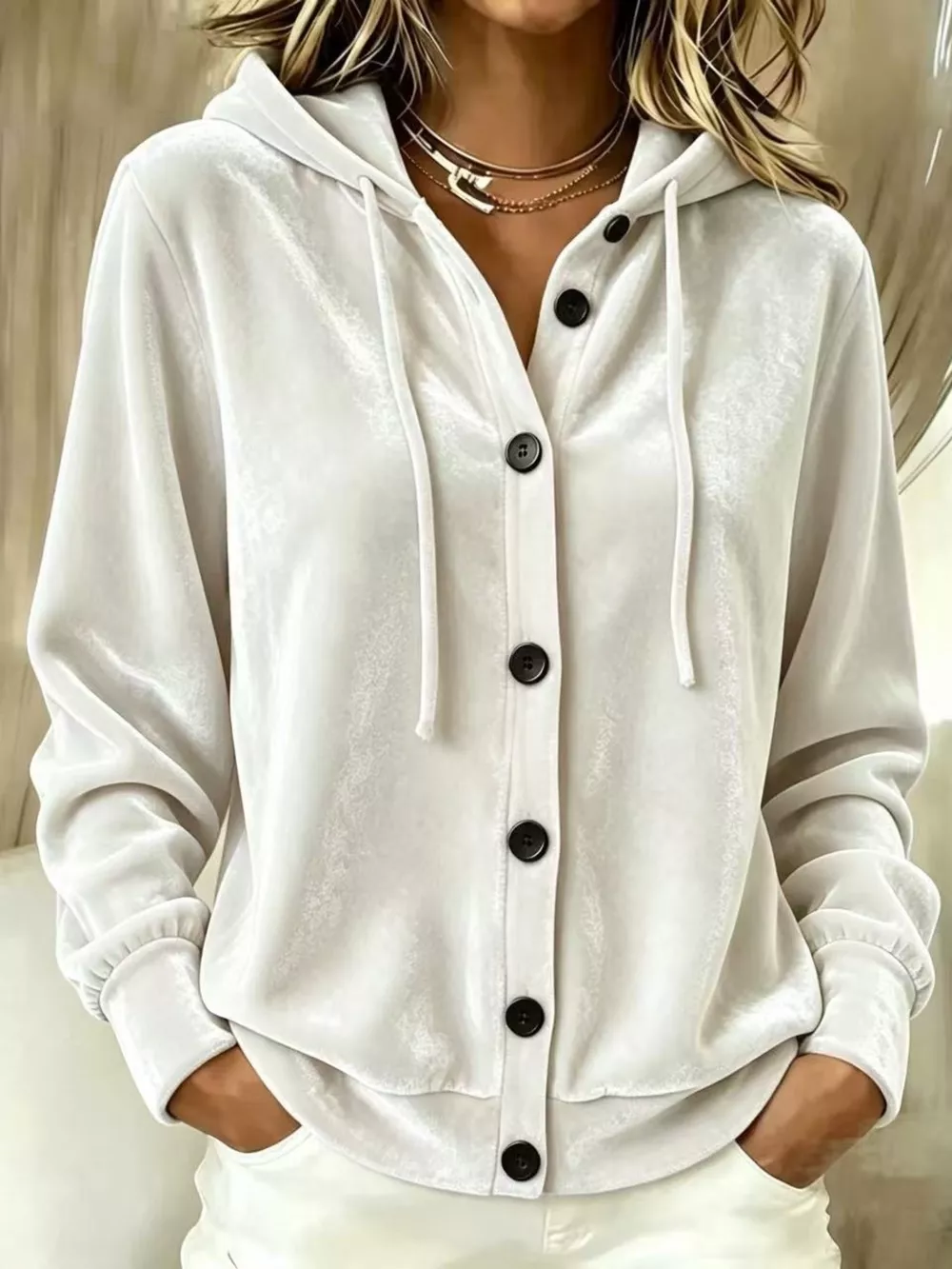 Full Size Velvet Button-Down Hooded Outerwear Plus Size, image 3