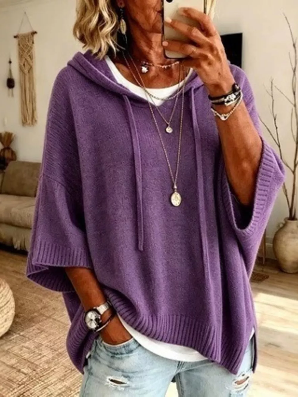 Full Size Casual Hooded Batwing Sleeve Knit Sweater Plus Size, image 13