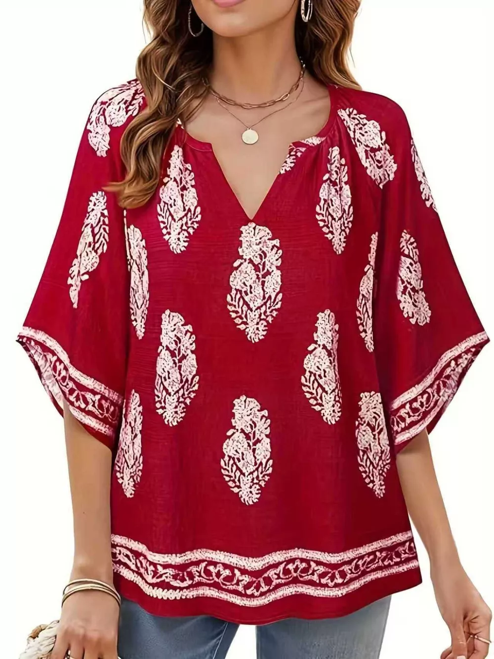 Printed Notched 3/4 Sleeve Blouse, image 4