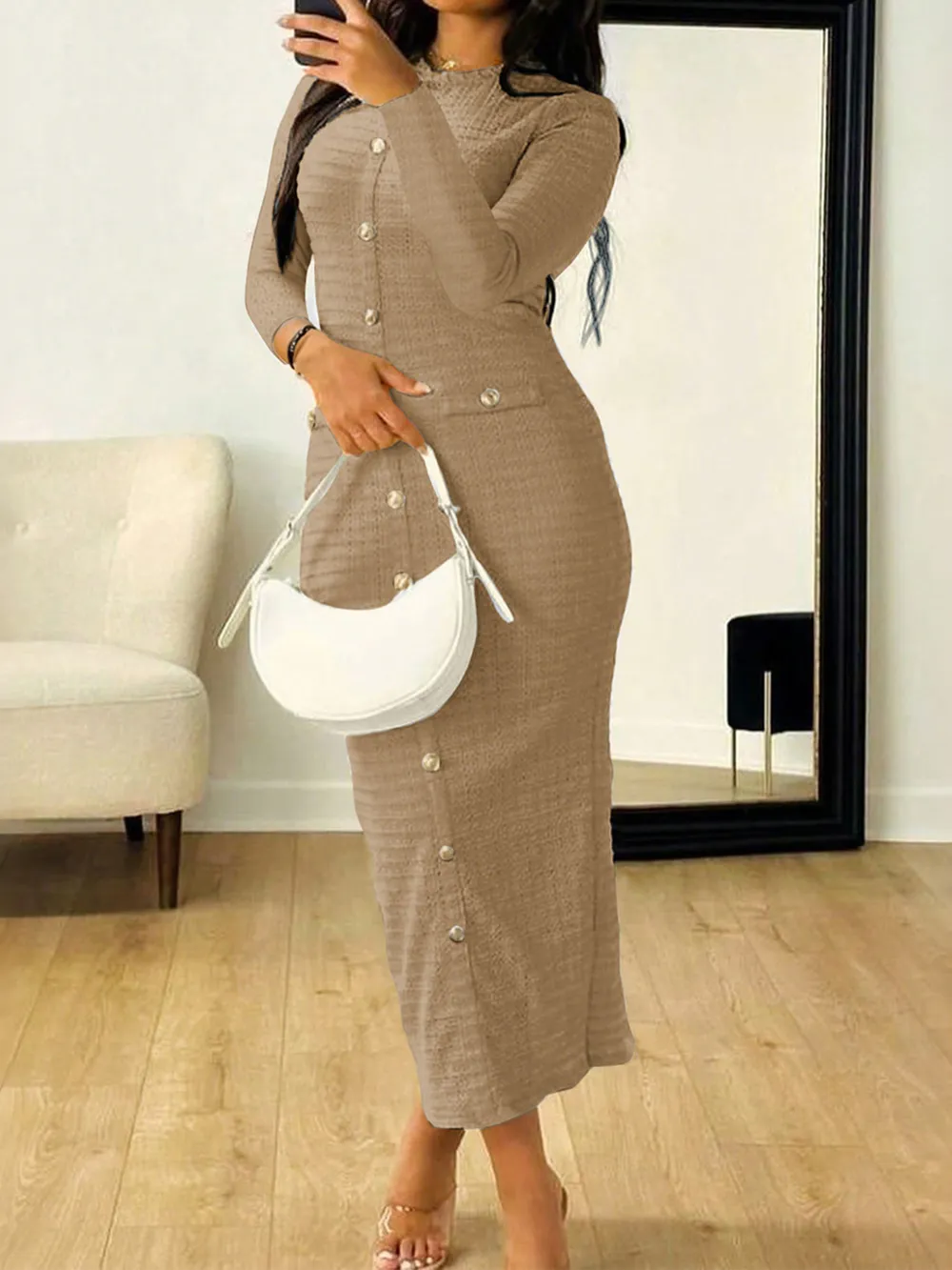 Textured Long Sleeve Midi Dress, image 12
