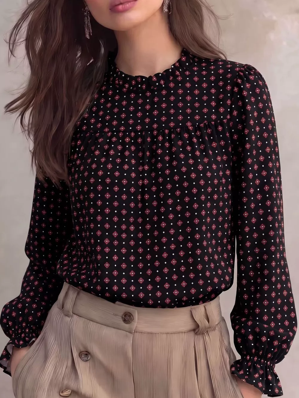 Geometric Print Mock Neck Puff Sleeves Blouse, image 9