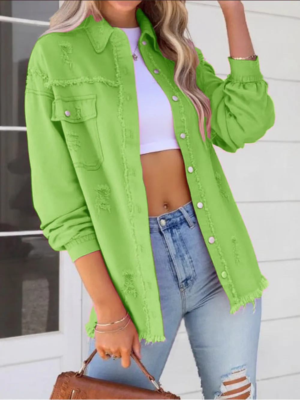 Distressed Denim Jacket with Frayed Edges, image 31