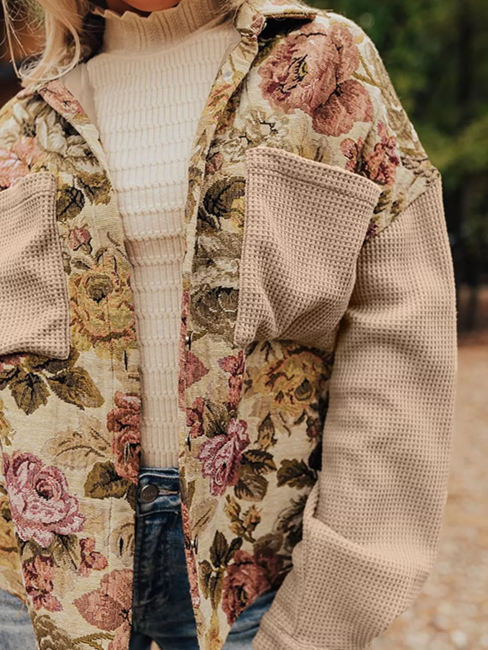 Floral Waffle Knit Patchwork Chest Pockets Buttoned Jacket, image 7