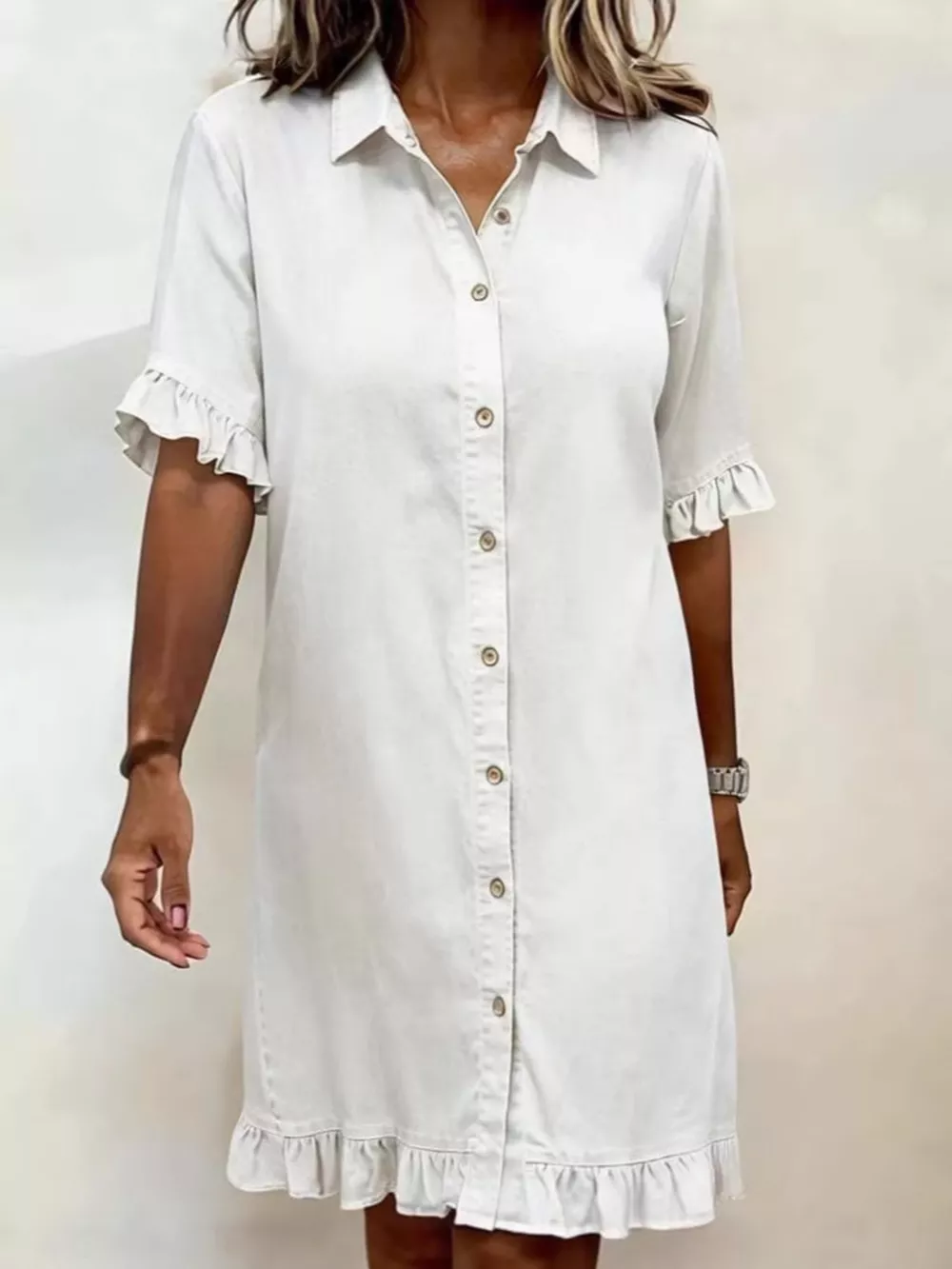 Full Size Ruffled Hem Denim Shirt Dress Plus Size, image 4
