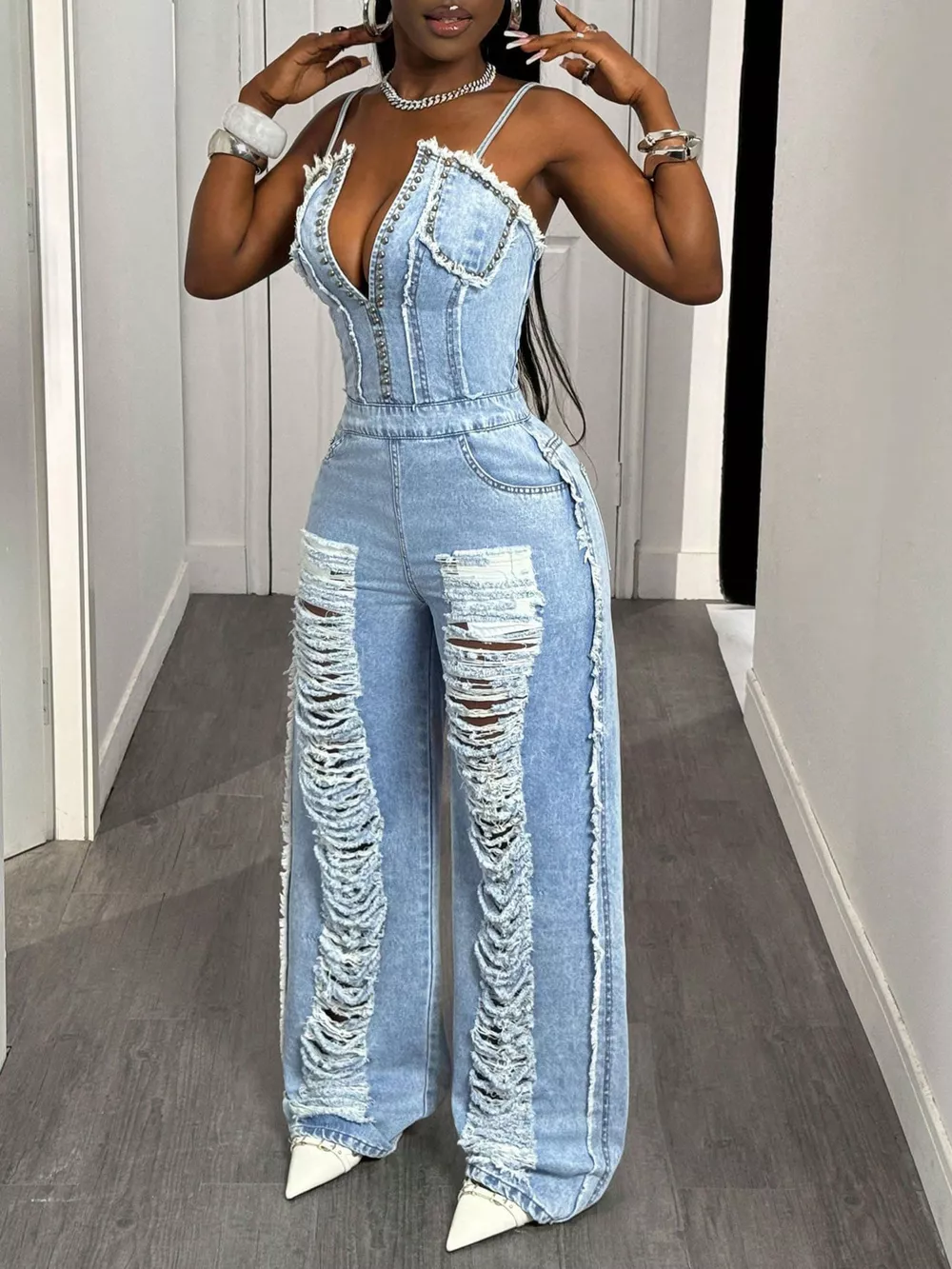 Distressed Spaghetti Strap Wide-Leg Denim Jumpsuit, image 4