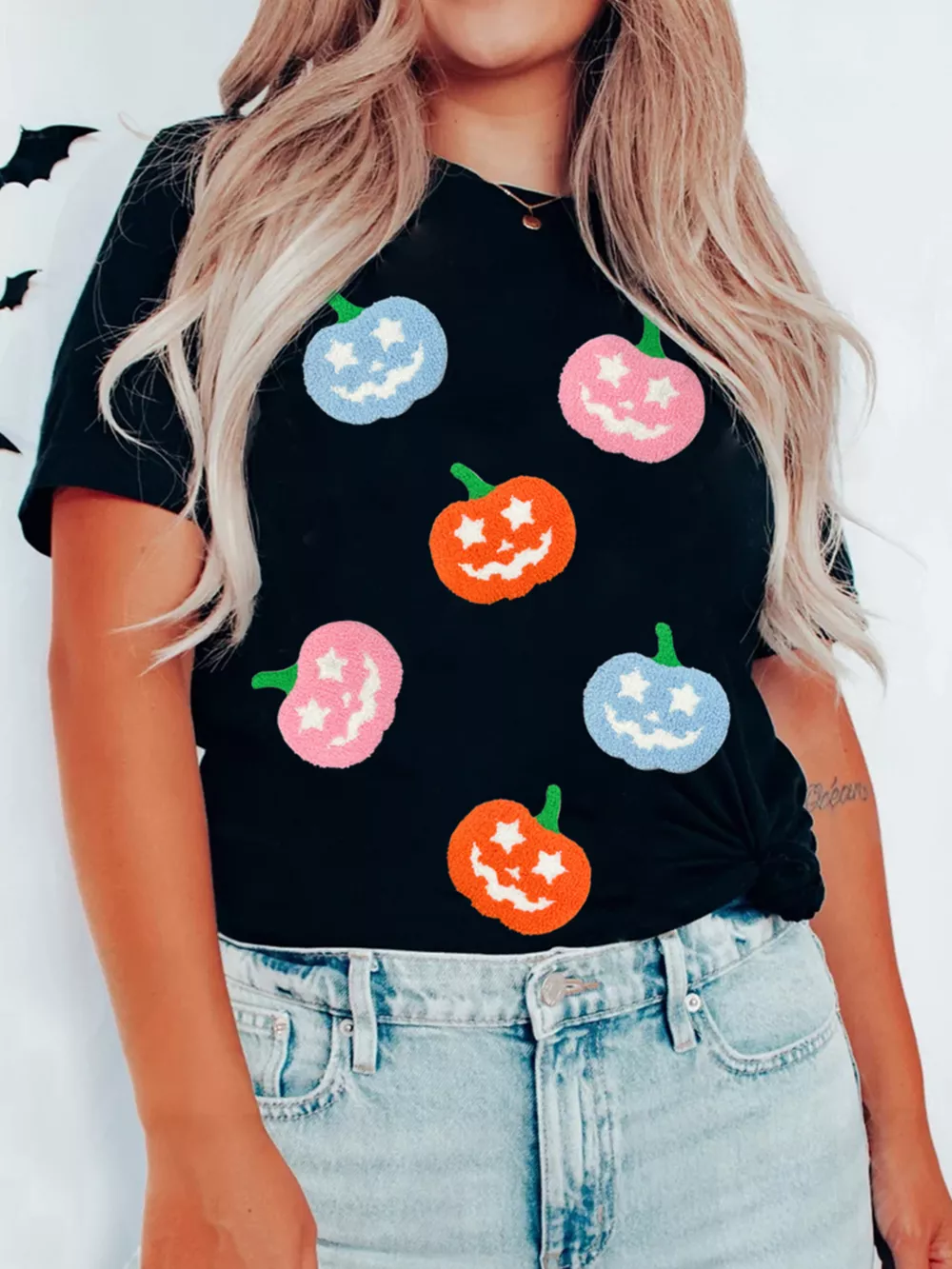 Chenille Pumpkin Patched Playful Halloween T Shirt, image 5