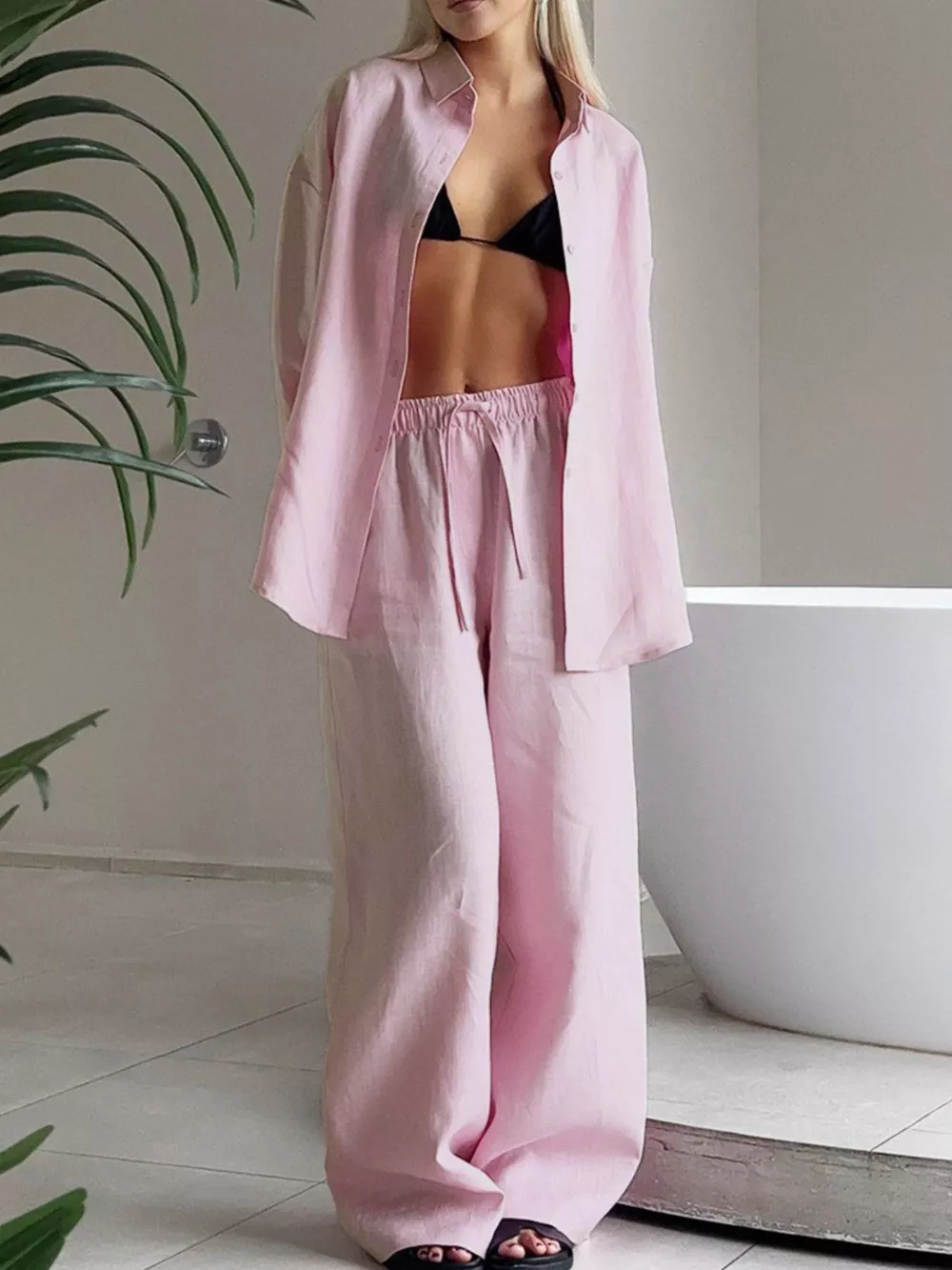 Relaxed Fit Button Up Shirt and Pants Two-Piece Set, image 2
