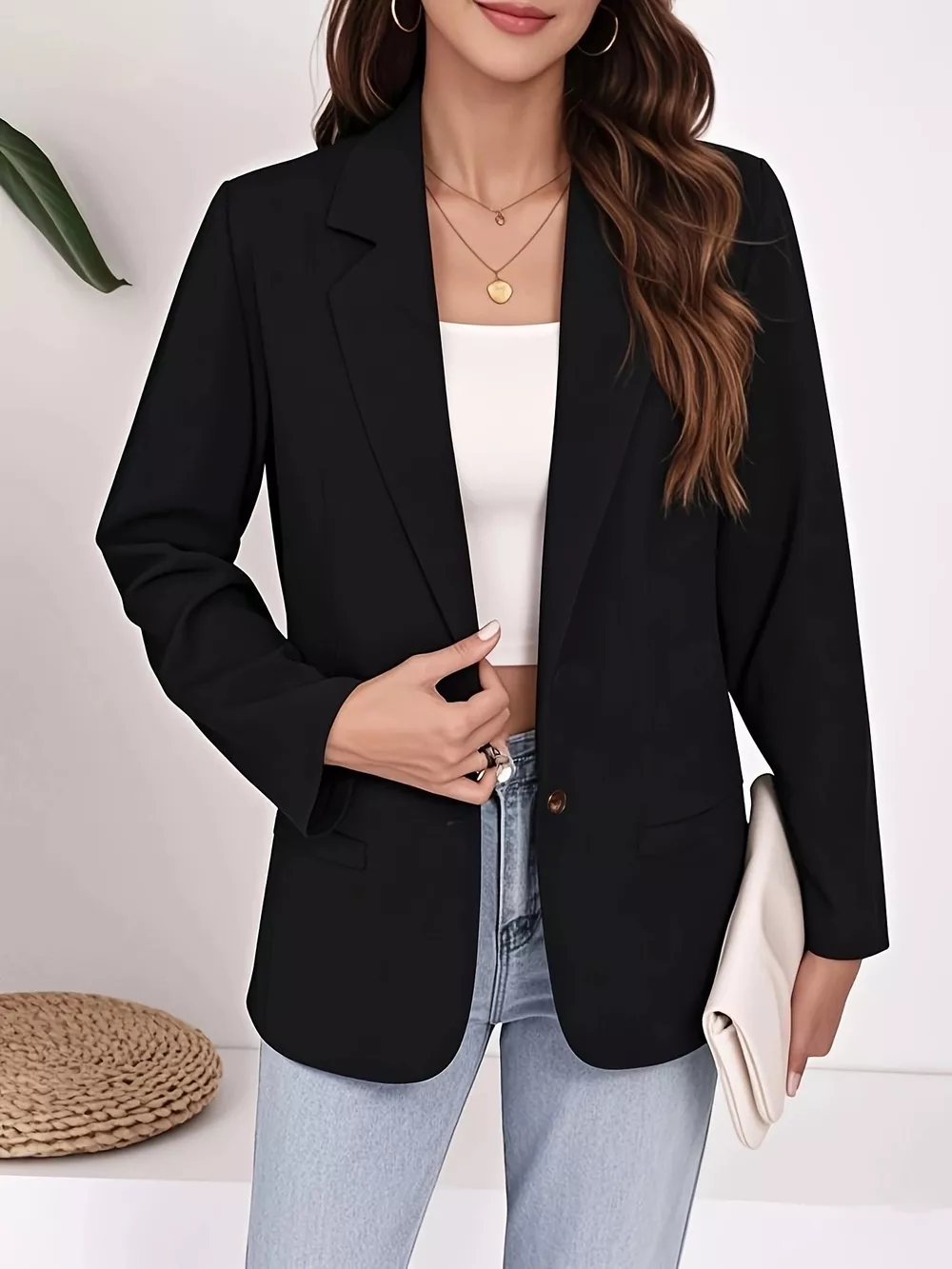 Plus Size Lapel Collar Single-Button Blazer