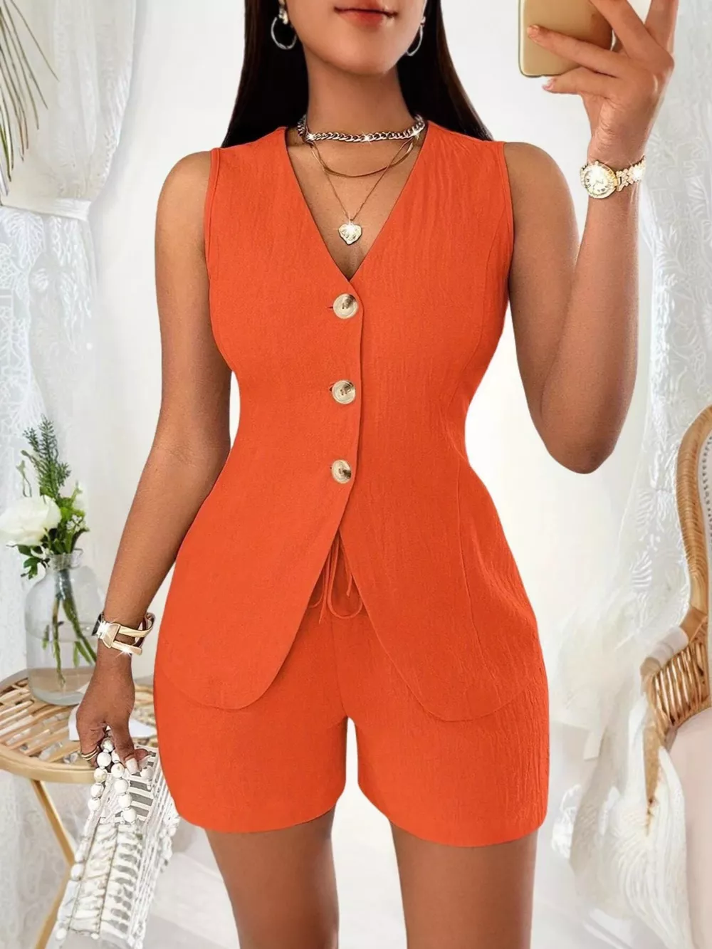 Sleeveless Button-Down Vest & Shorts Set, image 13