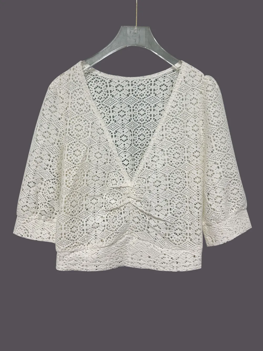 Ruched V-Neck Openwork Crop Knit Top, image 5
