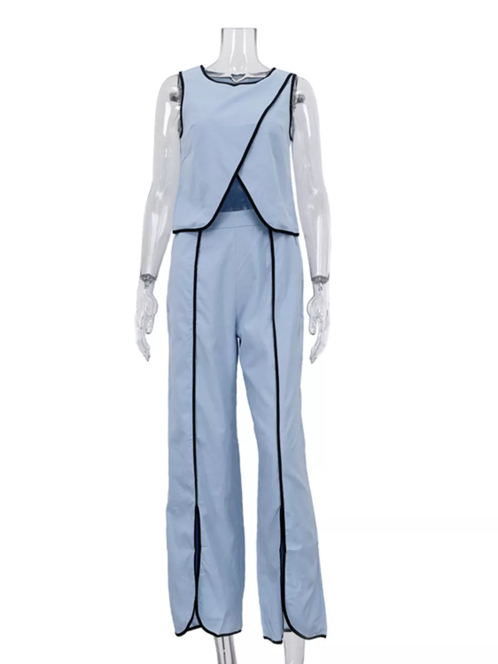 Contrast Trim Sleeveless Top and Wide-Leg Pants Set, image 14