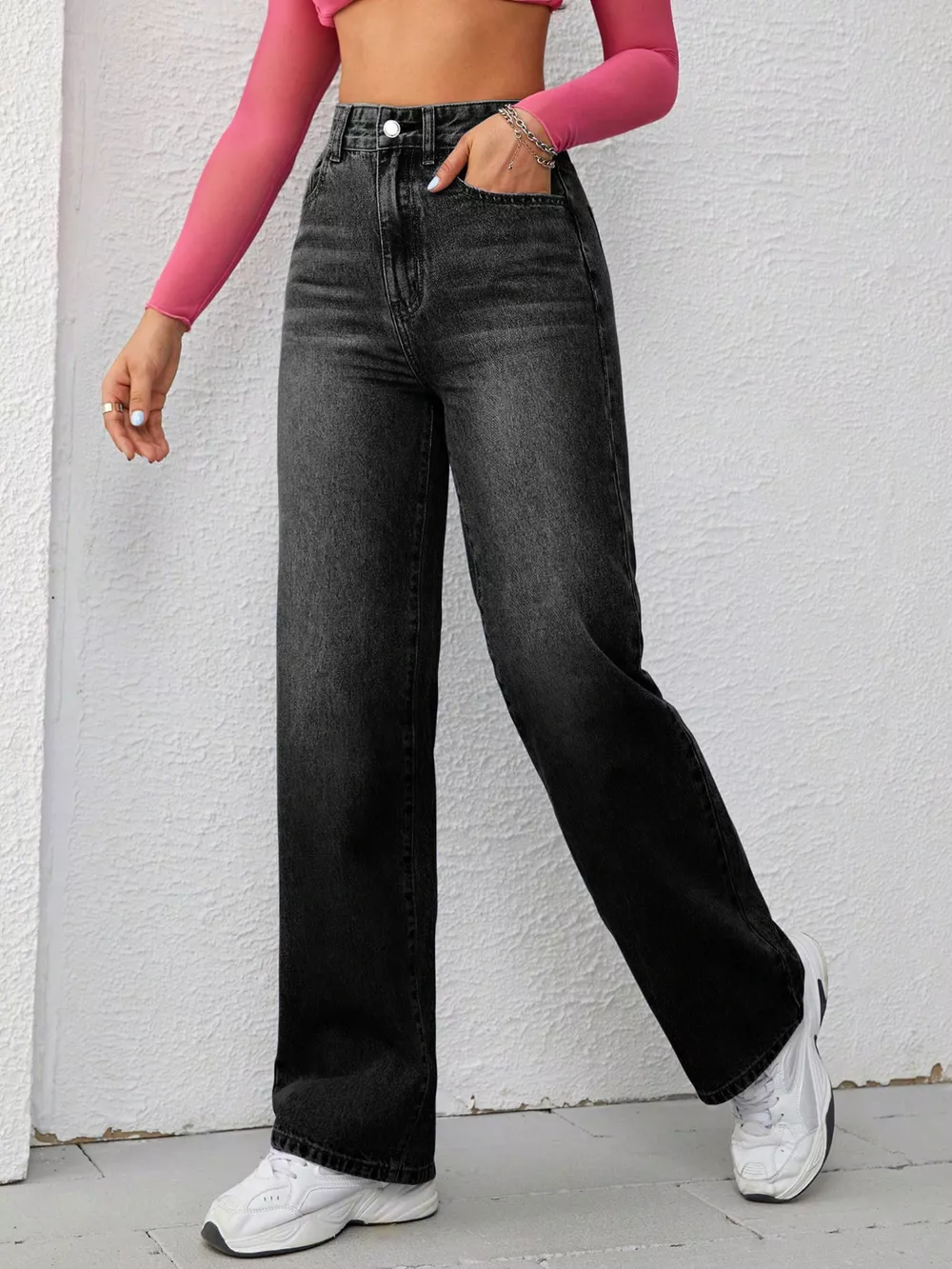 High-Waisted Wide-Leg Washed Jeans, image 5