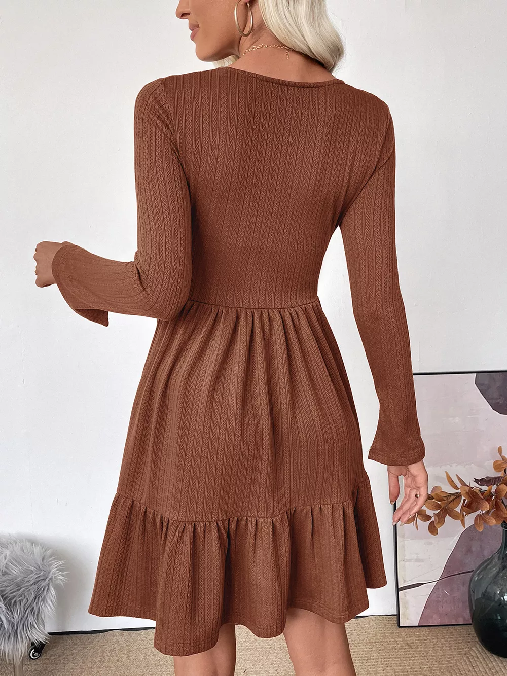 Ruffled Hem Long Sleeve Knit Dress, image 6