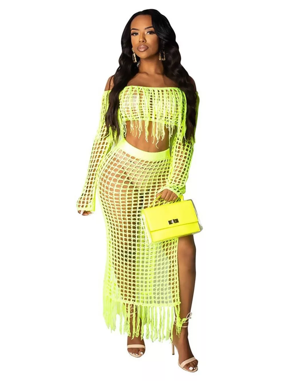 Full Size Crochet Off-Shoulder Fringe Top and Skirt Set Plus Size, image 25