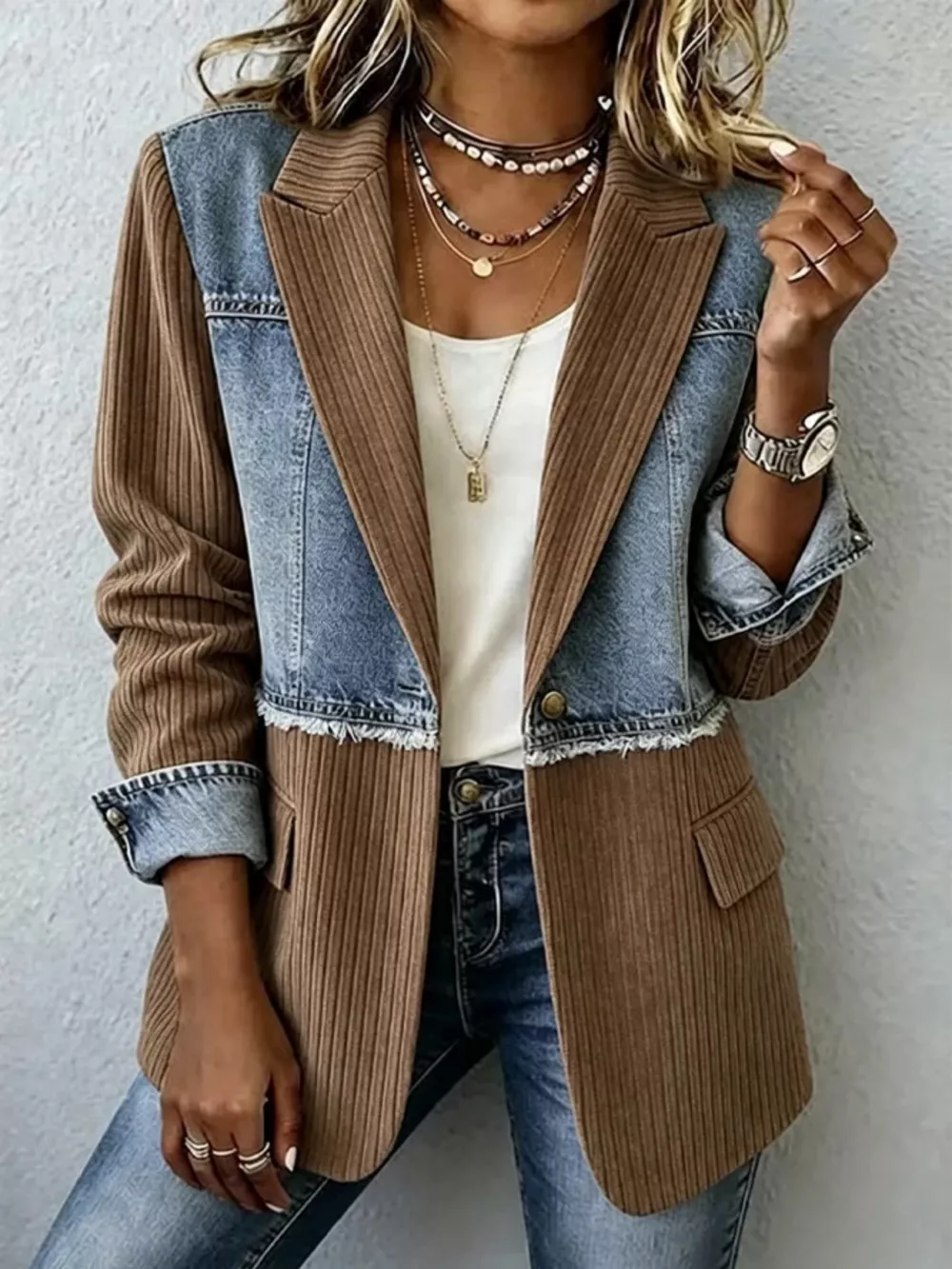 Full Size Patchwork Denim Ribbed Blazer Plus Size, image 6