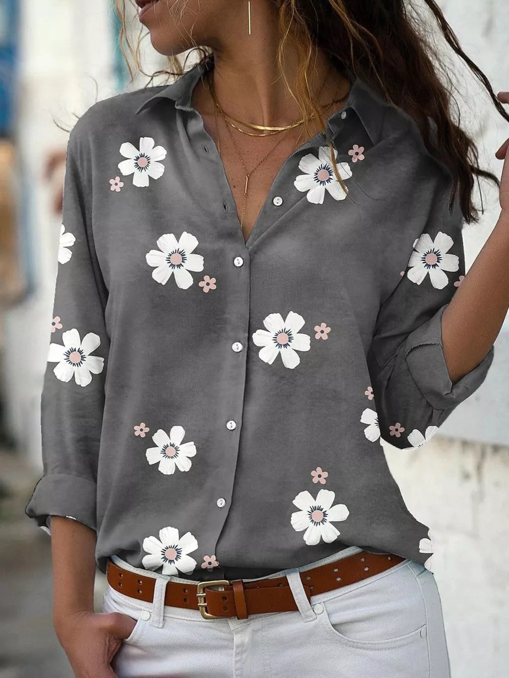 Full Size Floral Print Button-Down Casual Shirt Plus Size