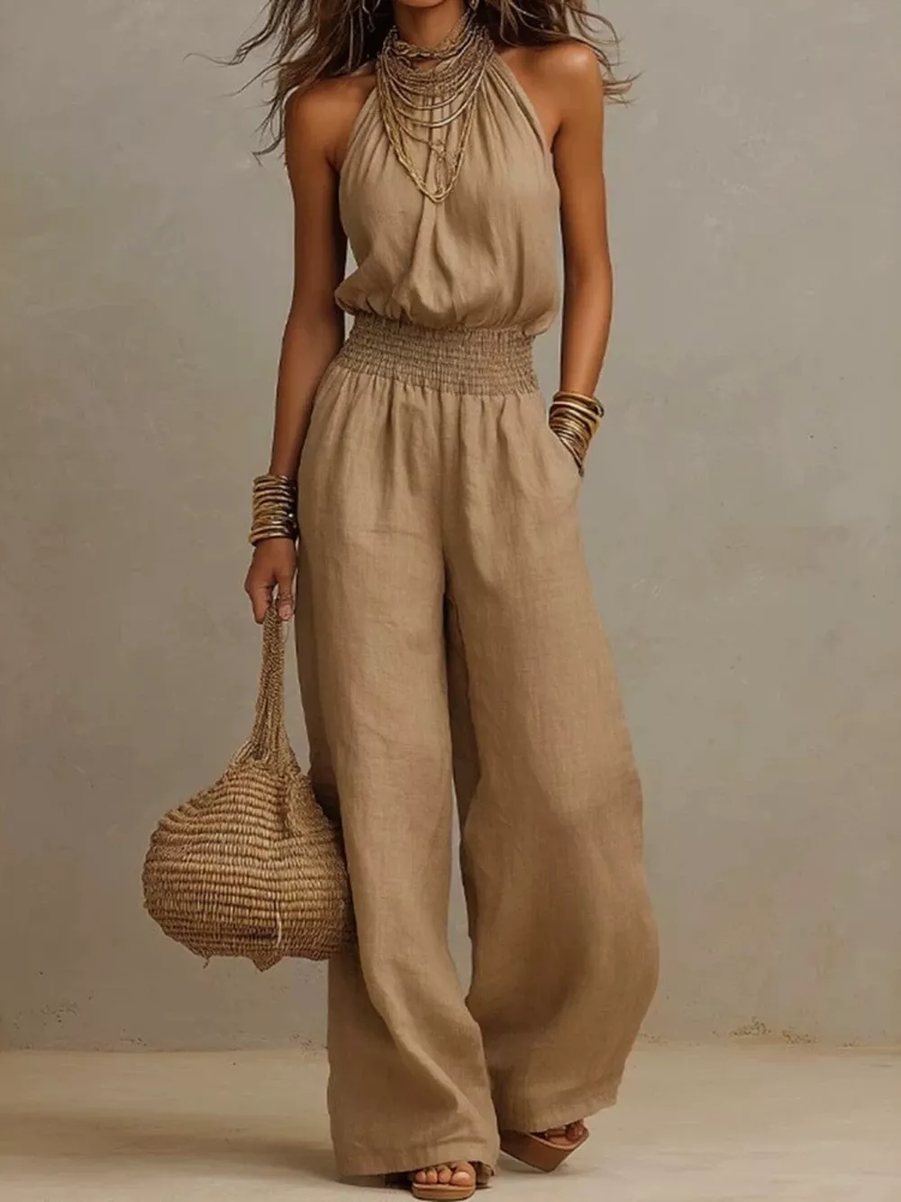 Smocked Halter Neck Wide-Leg Jumpsuit, image 2