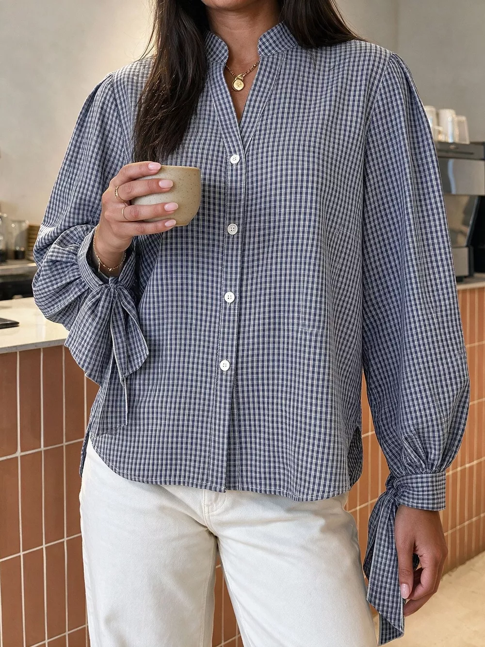 Gingham Button Up Shirt with Tie-Sleeve Detail, image 2