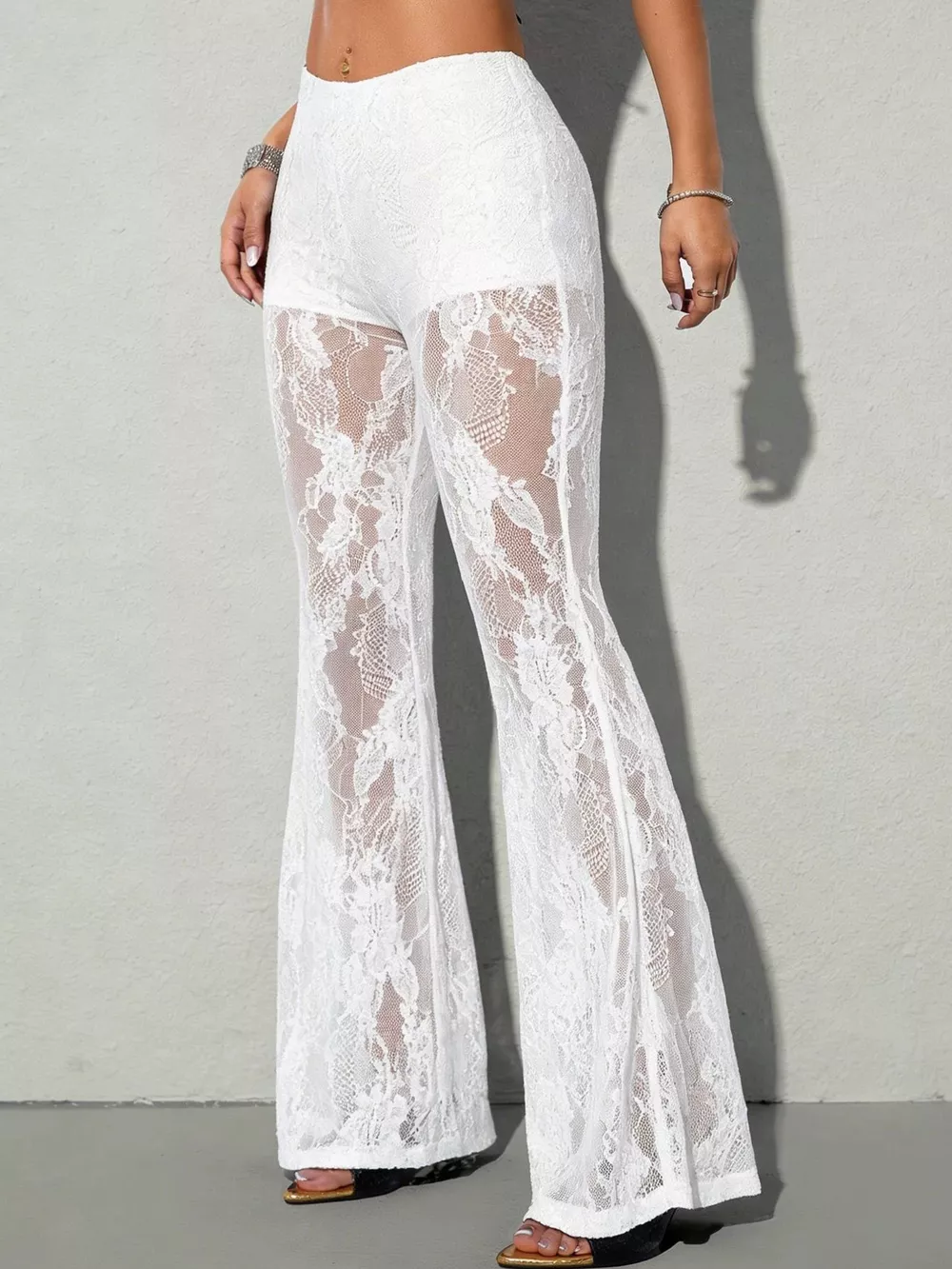 High-Waisted Sheer Floral Lace Flare Pants, image 5