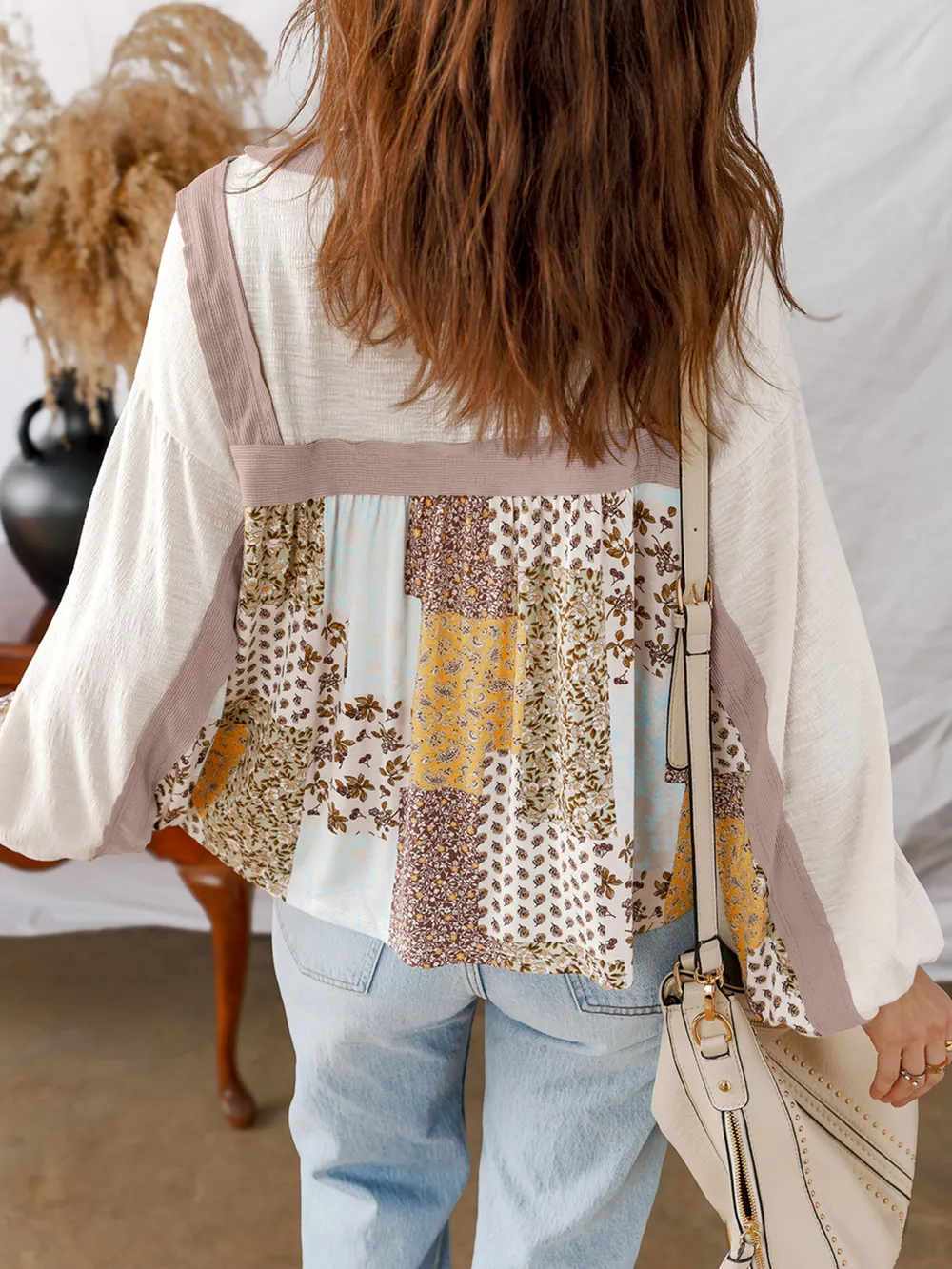 Floral Printed Contrast Patchwork Long Sleeve Top, image 2