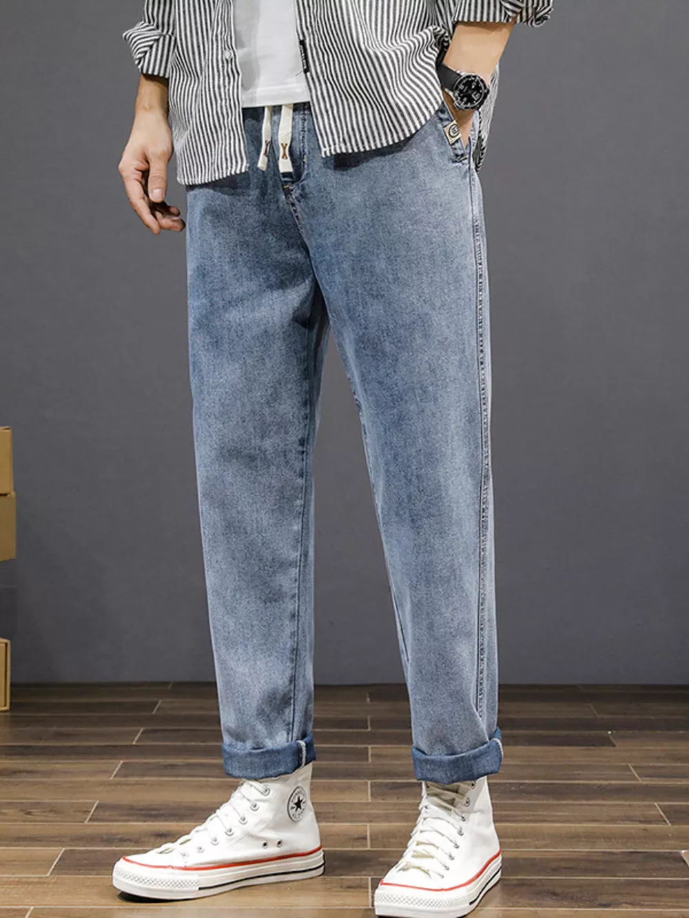 Men's Plus Size Casual Loose Fit Wash Jeans, image 2