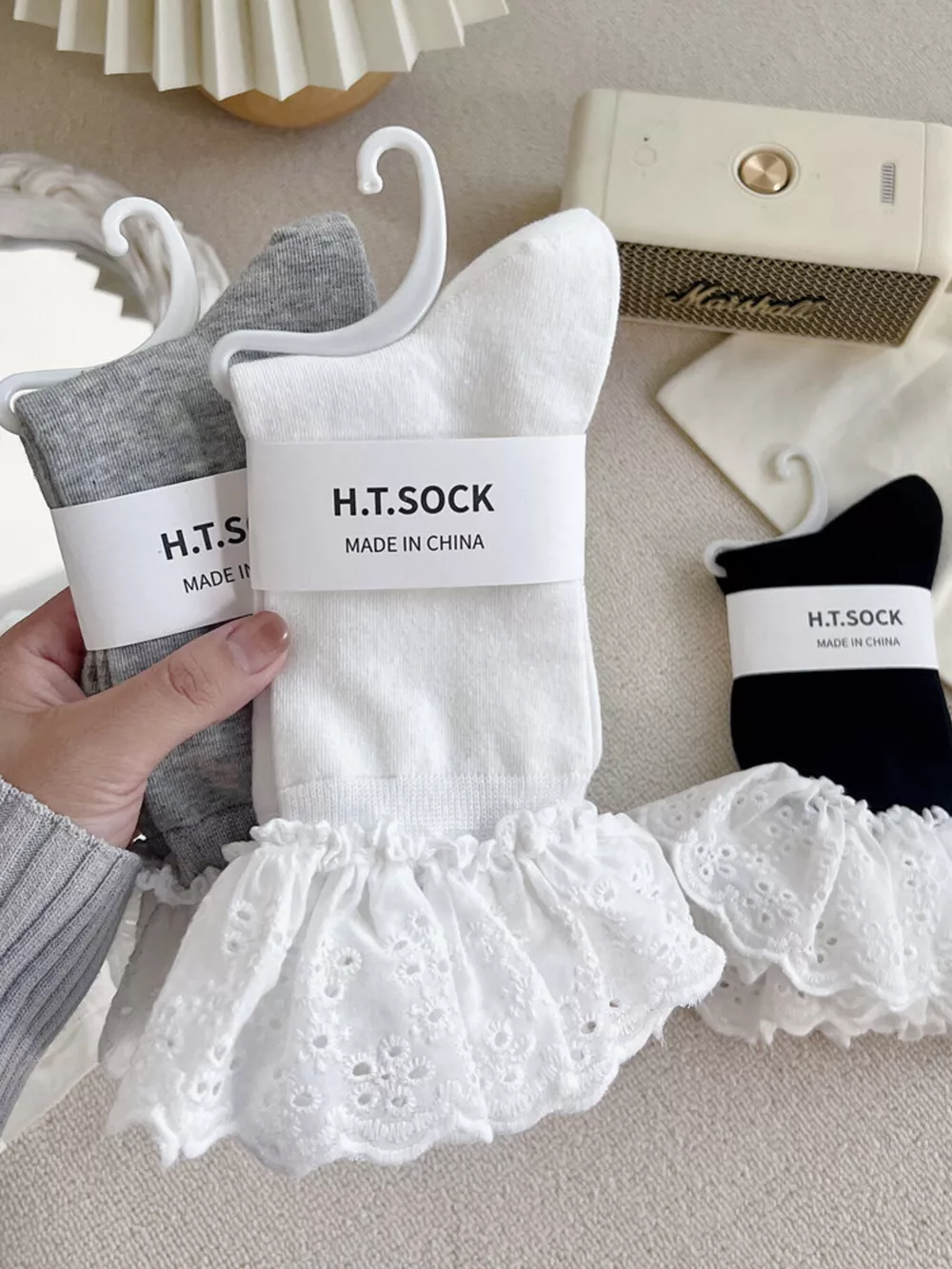 Ruffled Lace Trim Cotton Crew Socks, image 3