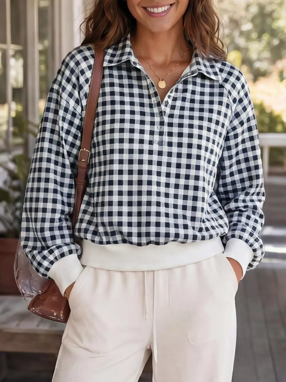 Gingham Plaid Collared Sweatshirt with Ribbed Hem, image 3