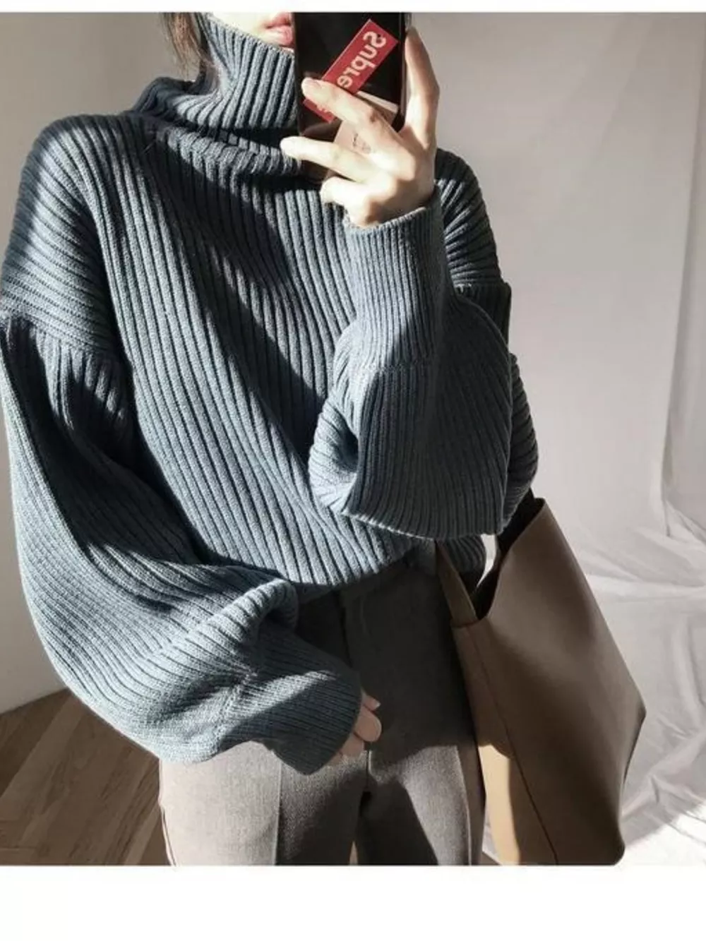 Oversized Turtleneck Ribbed Knit Sweater, image 12