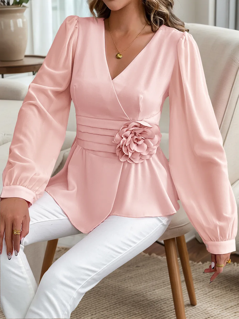 Flower Surplice Long Sleeve Blouse, image 8