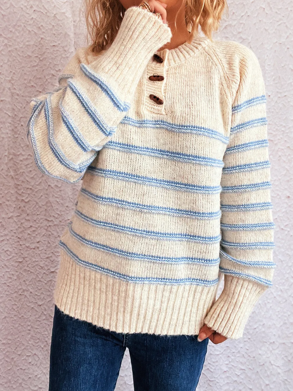 Striped Button Detail Long Sleeve Sweater, image 2